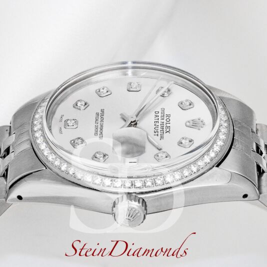 Pre Owned Rolex Steel Datejust Custom Diamond Bezel and Custom Silver Diamond Dial on Jubilee Band 36mm