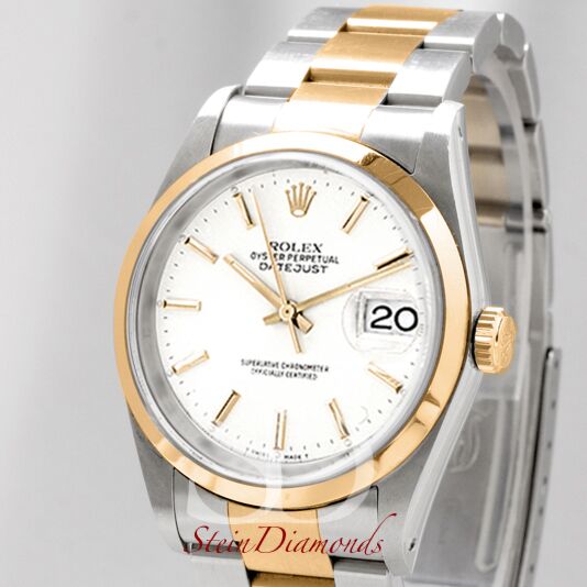 Pre Owned Rolex Two-Tone Datejust Smooth Bezel Custom White Index Dial on Oyster Band 36mm