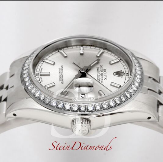 Pre Owned Rolex Steel Datejust Custom Diamond Bezel and Custom Silver Index Dial on Jubilee Band 36mm