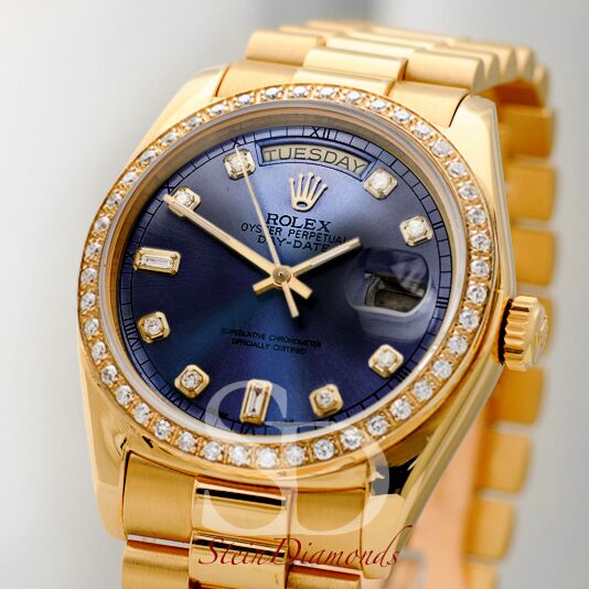 Rolex Day-Date Yellow Gold Custom Diamond Bezel Custom Blue Diamond Dial on Presidental Bracelet 36mm