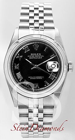 Pre Owned Rolex Steel Datejust Smooth Bezel Custom Black Roman Dial on Jubilee Band 36mm