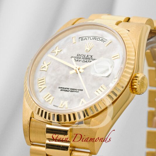 Rolex Day-Date Yellow Gold Fluted Bezel Custom Mother of Pearl Roman Dial on Presidental Bracelet 36mm