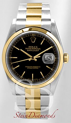 Pre Owned Rolex Two-Tone Datejust Smooth Bezel Custom Black Index Dial on Oyster Band 36mm