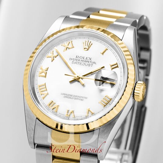 Pre Owned Rolex Two-Tone Datejust Fluted Bezel Custom White Roman Dial on Oyster Band 36mm