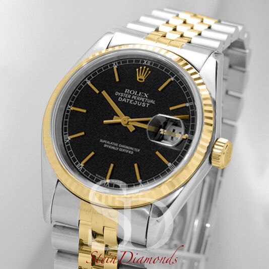 Pre Owned Rolex Two-Tone Datejust Fluted Bezel Custom Black Index Dial on Jubilee Band 36mm