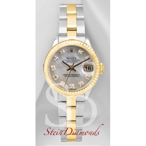 Rolex Lady Two-Tone Datejust Fluted Bezel Custom Mother of Pearl Diamond Dial on Oyster Band 26mm