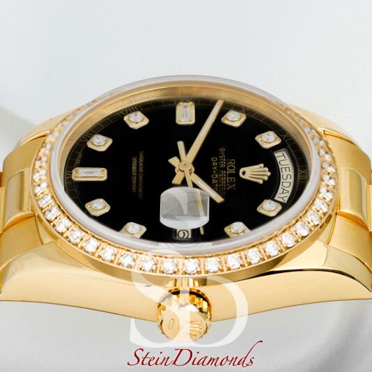 Rolex Day-Date Yellow Gold Custom Diamond Bezel Custom Black Diamond Dial on Presidental Bracelet 36mm