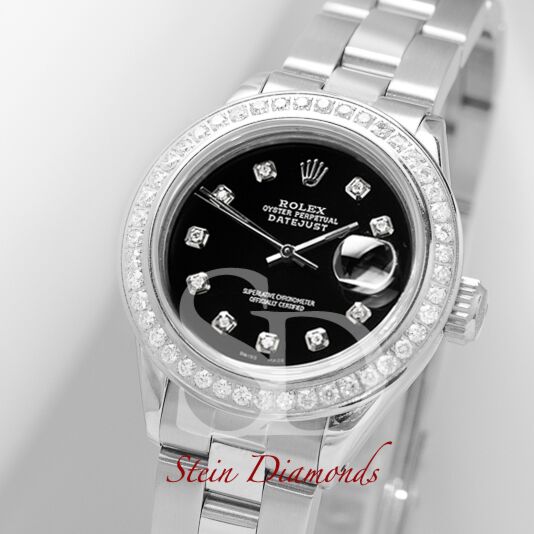 Rolex Lady Steel Datejust Custom Diamond Bezel and Custom Black Diamond Dial on Oyster Band 26mm