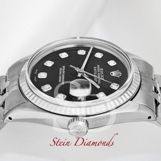 Pre Owned Rolex Steel Datejust Fluted Bezel Custom Black Diamond Dial on Jubilee 36mm