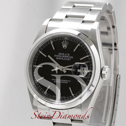 Pre Owned Rolex Steel Datejust Smooth Bezel Custom Black Index Dial on Oyster Band 36mm