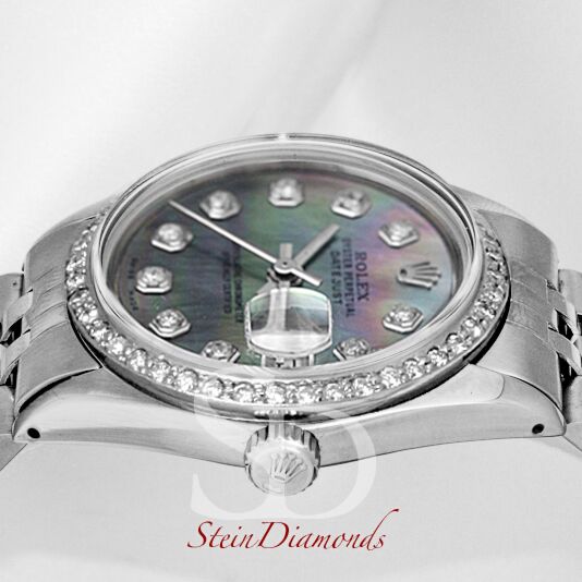 Pre Owned Rolex Steel Datejust Custom Diamond Bezel and Custom Dark Mother of Pearl Diamond Dial on Jubilee Band 36mm
