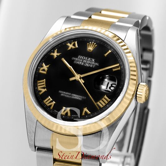 Pre Owned Rolex Two-Tone Datejust Fluted Bezel Custom Black Roman Dial on Oyster Band 36mm
