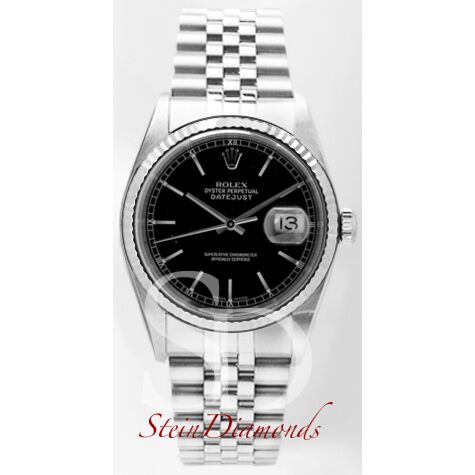 Pre Owned Rolex Steel Datejust Fluted Bezel Custom Black Index Dial on Jubilee Band 36mm