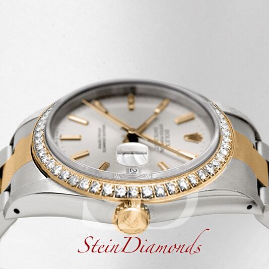 Pre Owned Rolex Two-Tone Datejust Custom Diamond Bezel and Silver Stick on Oyster Band 36mm