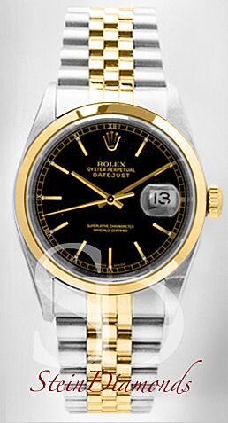 Pre Owned Rolex Two-Tone Datejust Smooth Bezel Custom Black Index Dial on Jubilee Band 36mm