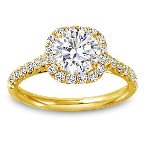 Halo Cushion Cut Diamond Engagement Ring In Yellow Gold Cathedral Bridge (0.16 ct. tw.)