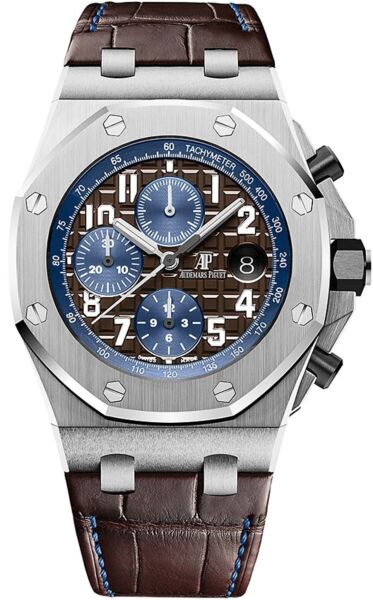 Pre Owned Royal Oak Offshore Chronograph Steel Brown Dial with Blue Sub-Dials on Brown Leather Strap 42mm Box and Papers