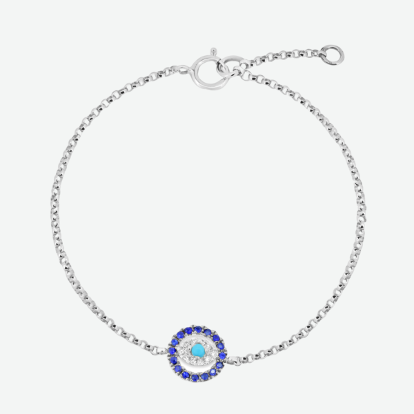 Diamond and Sapphire Evil Eye with Turquoise Center Stone in 14K Gold 