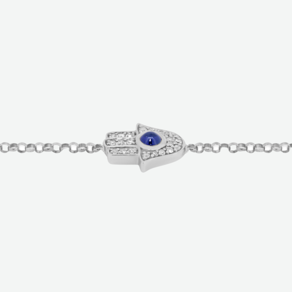 Hamsa Diamond Bracelet with Blue Center Stone in 14K Gold 