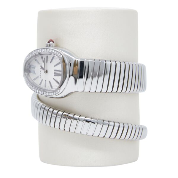 Bvlgari Pre-Owned Serpenti Tubogas Stainless Steel Silver Opaline Dial Single Spiral Bracelet [COMPLETE SET] 35mm