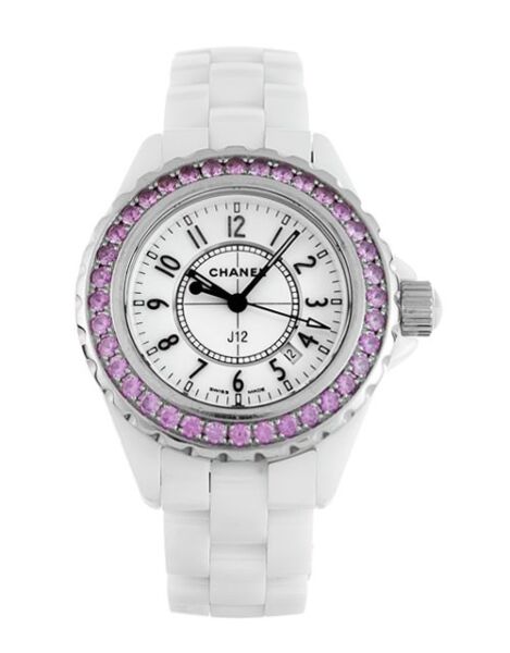 White Dial Ceramic Case with Pink Sapphires Ladies Quartz Watch H1181