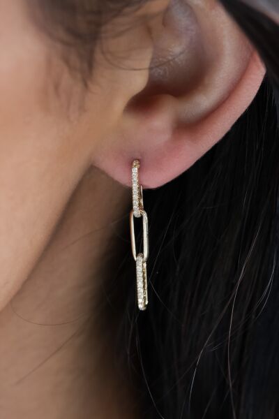 14K White Gold Link Earrings with Diamond Pave Accent 