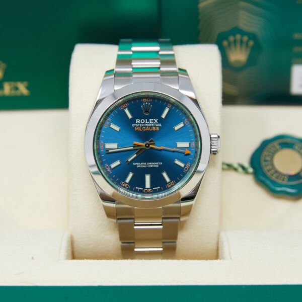 Rolex Pre-Owned Milgauss Steel Blue Dial Green Crystal on Oyster [COMPLETE SET] 40mm