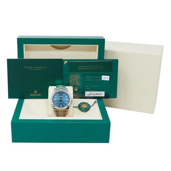 Rolex Pre-Owned Milgauss Steel Blue Dial Green Crystal on Oyster [COMPLETE SET] 40mm
