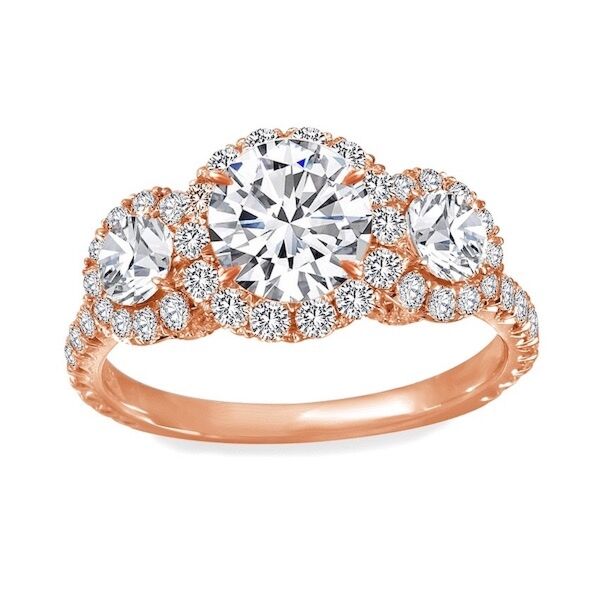 3-Stone Round Cut Diamond Engagement Ring In Rose Gold Tiara with Halo (0.97 ct. tw.)
