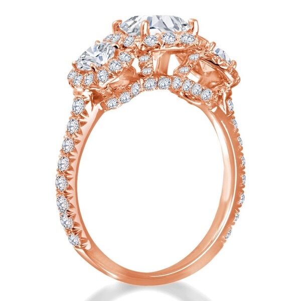 3-Stone Round Cut Diamond Engagement Ring In Rose Gold Tiara with Halo (0.97 ct. tw.)