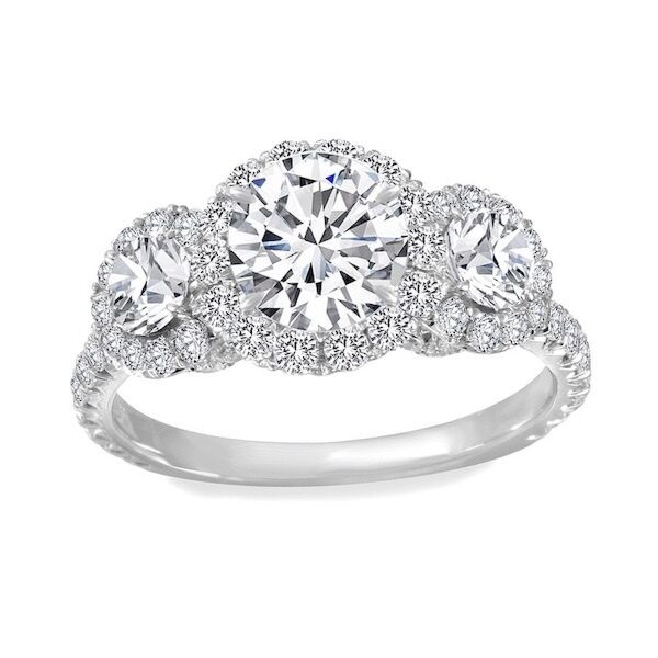 3-Stone Round Cut Diamond Engagement Ring In White Gold Tiara with Halo (0.97 ct. tw.)