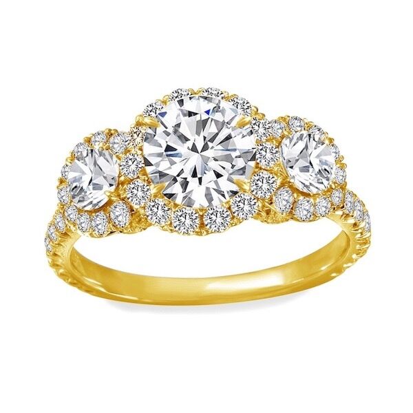 3-Stone Round Cut Diamond Engagement Ring In Yellow Gold Tiara with Halo (0.97 ct. tw.)