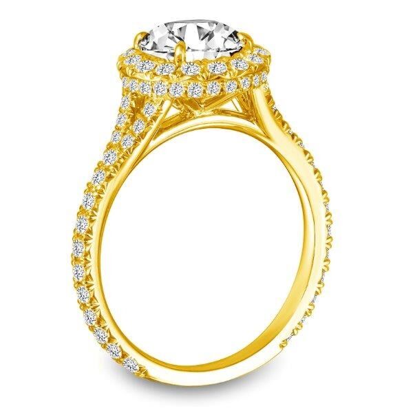 Double Halo with Split Shank Round Cut Diamond Engagement Ring In Yellow Gold Castle (0.82 ct. tw.)