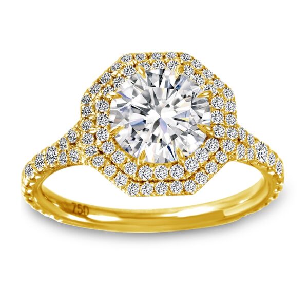 Double Halo Round Cut Diamond Engagement Ring In Yellow Gold Merging (0.68 ct. tw.)