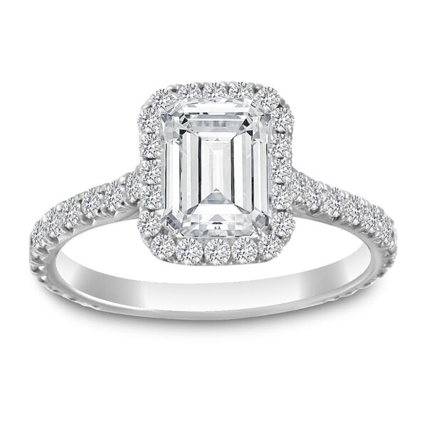 Halo Emerald Cut Diamond Engagement Ring In White Gold Class Act with Accent (0.83 ct. tw.)
