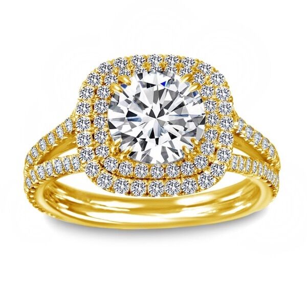 Double Halo Round Cut Diamond Engagement In Yellow Gold Ring Double Win (0.93 ct. tw.)
