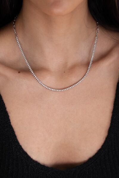 Tennis Necklace with Round Diamonds in Pointed Setting, Partial and Adjustable 14k Gold Link Chain 