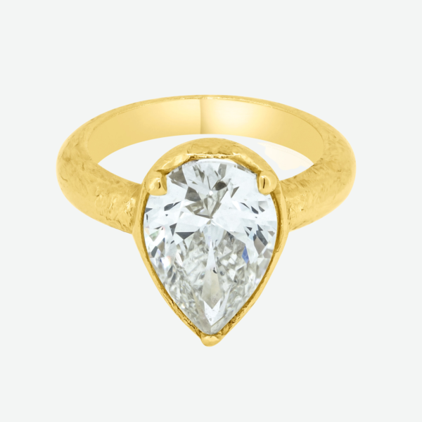 Engagement Ring 1.50 Pear Diamond GIA F SI1 in Hammered 18k Yellow Gold