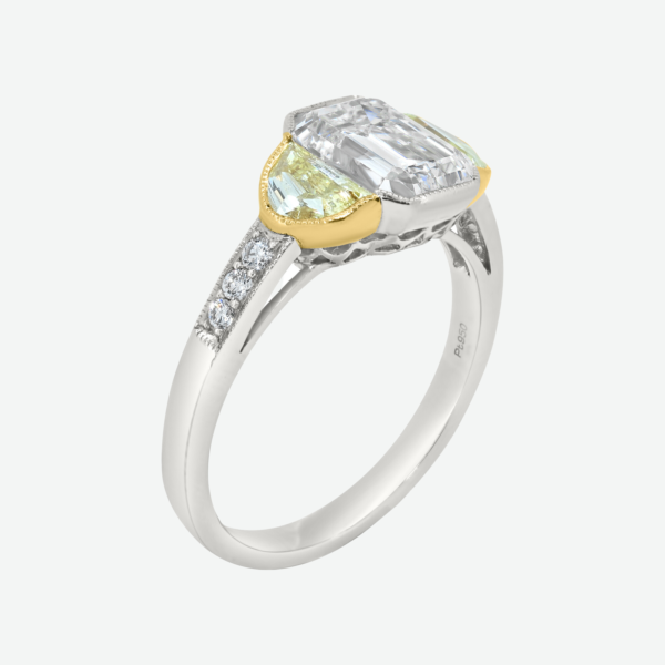 Engagement Ring 2.00 ct Emerald Diamond VS2 with Two Half Moon Yellow Diamonds set in Platinum