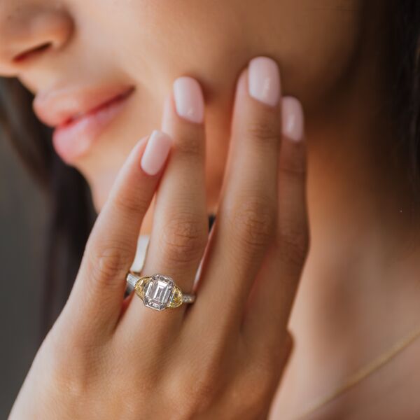 Engagement Ring 2.00 ct Emerald Diamond VS2 with Two Half Moon Yellow Diamonds set in Platinum