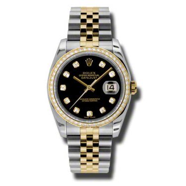 Rolex Pre Owned Datejust Steel and Yellow Gold Custom Black Diamond Dial on Jubilee 36mm