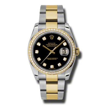 Rolex Pre Owned Datejust Steel and Yellow Gold Custom Black Diamond Dial on Oyster 36mm