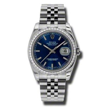 Rolex Pre Owned Datejust Steel and White Gold Custom Diamond Bezel Blue Stick Dial on Jubilee 36mm
