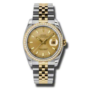 Rolex Pre Owned Datejust Steel and Yellow Gold Champagne Stick Dial on Jubilee 36mm