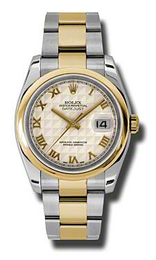 Rolex Pre Owned Datejust Steel and Yellow Gold Ivory Pyramid Roman Dial on Oyster 36mm