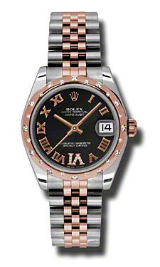 Rolex Pre Owned Datejust Steel and Rose Gold Black Roman Diamond Dial on Jubilee 31mm