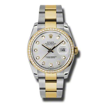 Rolex Pre Owned Datejust Steel and Yellow Gold Custom Silver Diamond Dial on Oyster 36mm