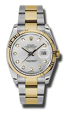 Rolex Pre Owned Datejust Steel and Yellow Gold Custom Silver Diamond Dial on Oyster 36mm