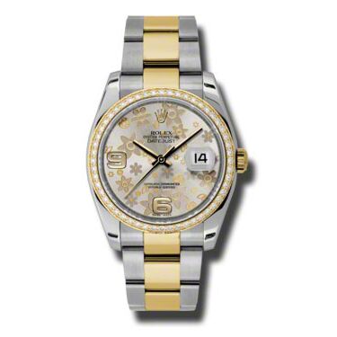 Rolex Pre Owned Datejust Steel and Yellow Gold Silver Floral Dial on Oyster 36mm