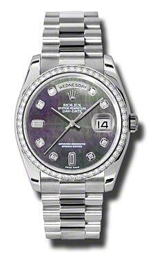 Rolex Pre Owned Day-Date President Platinum Dark Mother of Pearl Diamond Dial 36mm